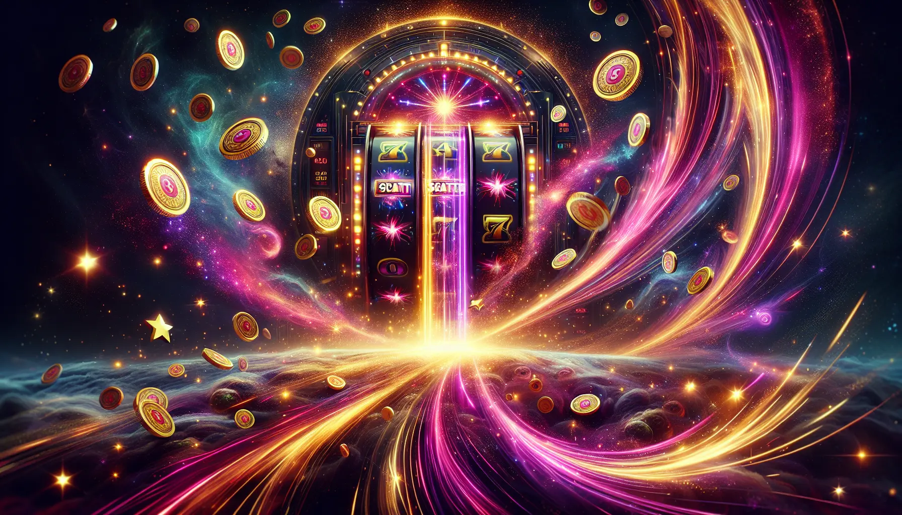 Cosmic casino reels bursting with gold and fuchsia light